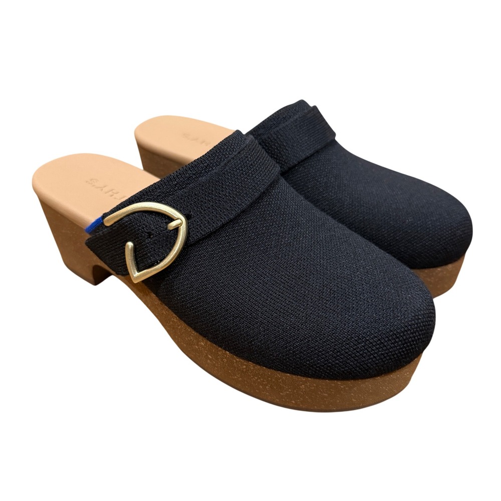 Rothys The Classic Clog Black Platform Buckle Knit Shoes Womens Size 8 NWOB
